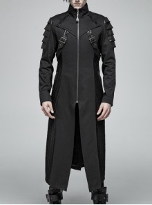 Stand-Up Collar Splice Leather Armor Shape Sleeve Metal Buckle Strap Black Punk Long Coat