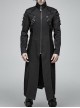 Stand-Up Collar Splice Leather Armor Shape Sleeve Metal Buckle Strap Black Punk Long Coat