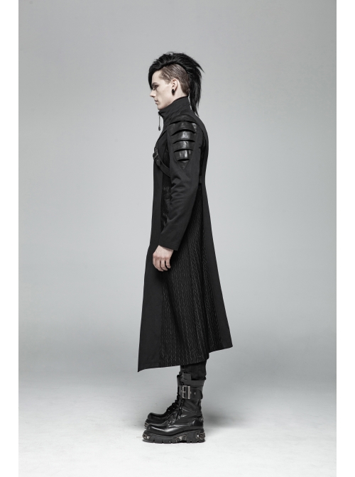 Stand-Up Collar Splice Leather Armor Shape Sleeve Metal Buckle Strap Black Punk Long Coat