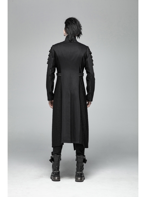 Stand-Up Collar Splice Leather Armor Shape Sleeve Metal Buckle Strap Black Punk Long Coat