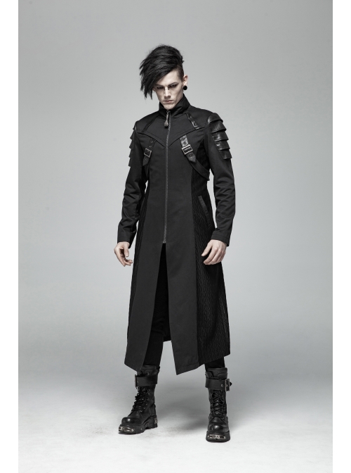 Stand-Up Collar Splice Leather Armor Shape Sleeve Metal Buckle Strap Black Punk Long Coat
