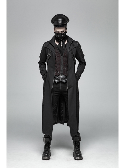 Stand-Up Collar Splice Leather Armor Shape Sleeve Metal Buckle Strap Black Punk Long Coat