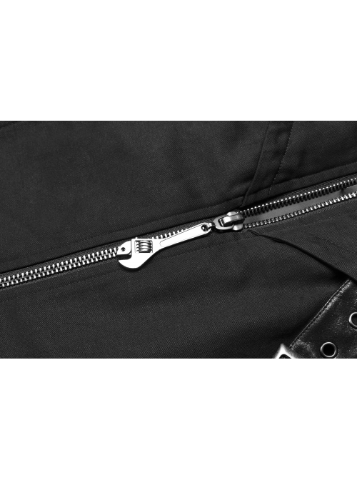 Stand-Up Collar Splice Leather Armor Shape Sleeve Metal Buckle Strap Black Punk Long Coat