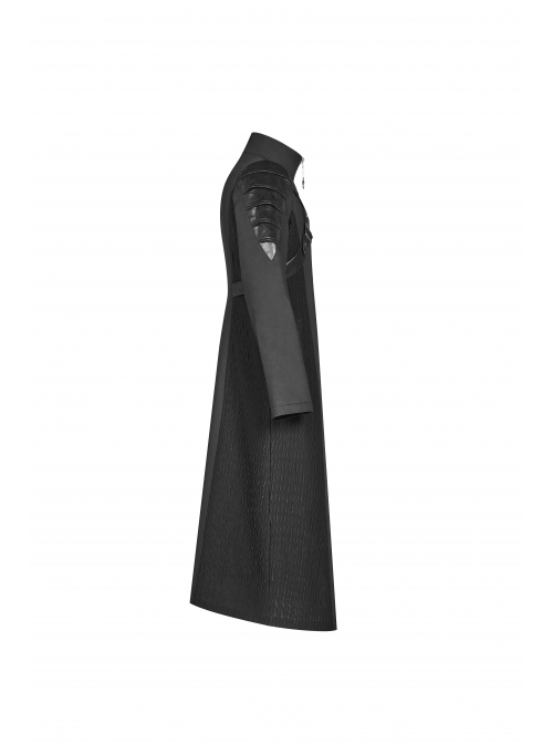 Stand-Up Collar Splice Leather Armor Shape Sleeve Metal Buckle Strap Black Punk Long Coat