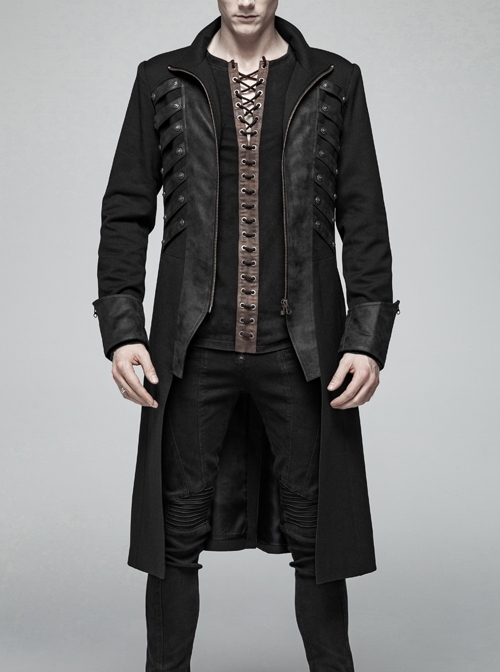 Stand-Up Collar Front Chest Metal Retro Button Zipper Cuff Black Punk Coat