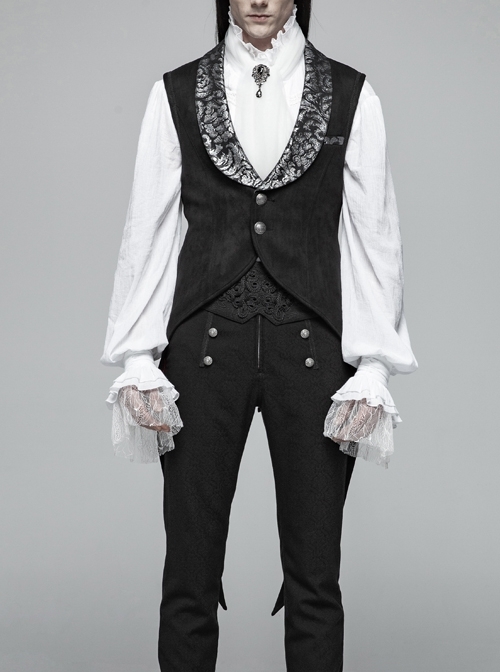 Dark Pattern Jacquard Metal Retro Button Back Waist Lace-Up Swallow Tail Hem Black Gothic Vest