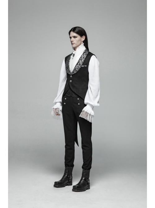 Dark Pattern Jacquard Metal Retro Button Back Waist Lace-Up Swallow Tail Hem Black Gothic Vest