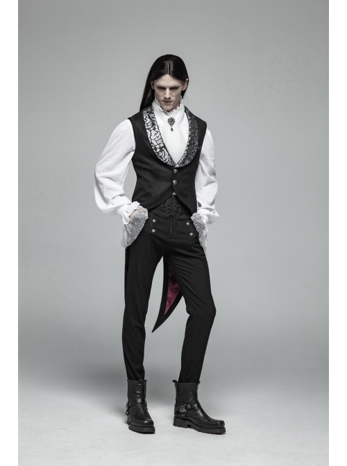 Dark Pattern Jacquard Metal Retro Button Back Waist Lace-Up Swallow Tail Hem Black Gothic Vest