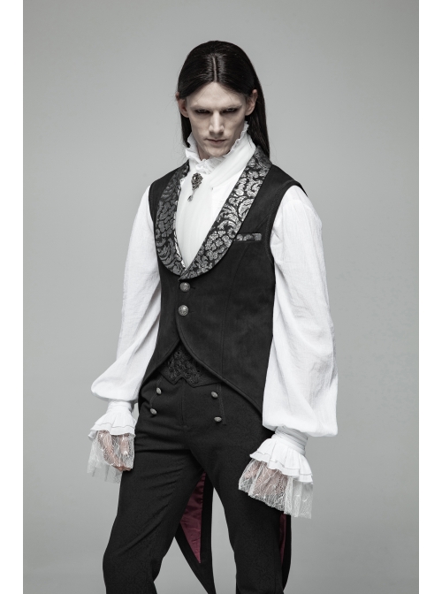 Dark Pattern Jacquard Metal Retro Button Back Waist Lace-Up Swallow Tail Hem Black Gothic Vest