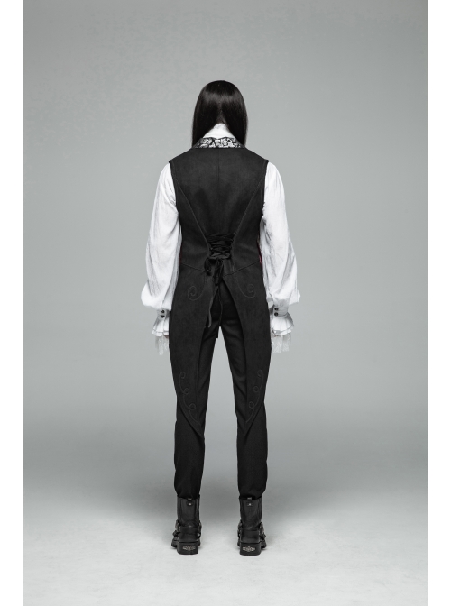 Dark Pattern Jacquard Metal Retro Button Back Waist Lace-Up Swallow Tail Hem Black Gothic Vest