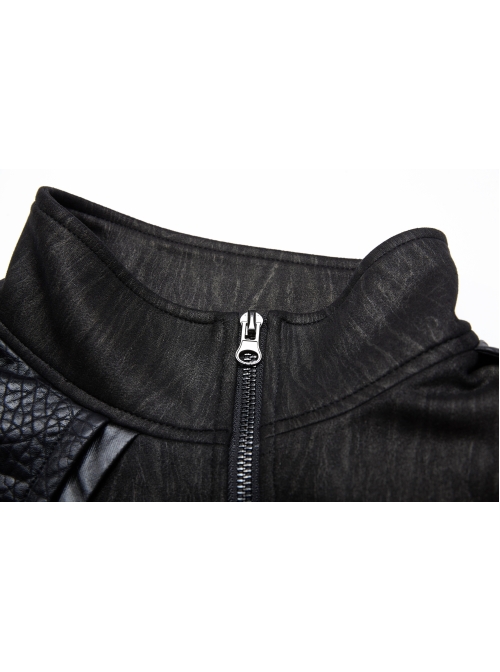 Stand-Up Collar Front Metal Zipper Shoulder Metal Buckle Leather Loop Black Punk Vest