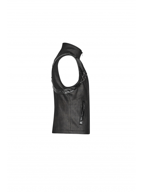 Stand-Up Collar Front Metal Zipper Shoulder Metal Buckle Leather Loop Black Punk Vest