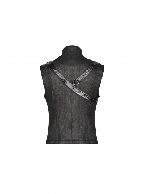 Stand-Up Collar Front Metal Zipper Shoulder Metal Buckle Leather Loop Black Punk Vest