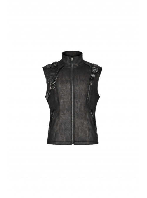 Stand-Up Collar Front Metal Zipper Shoulder Metal Buckle Leather Loop Black Punk Vest