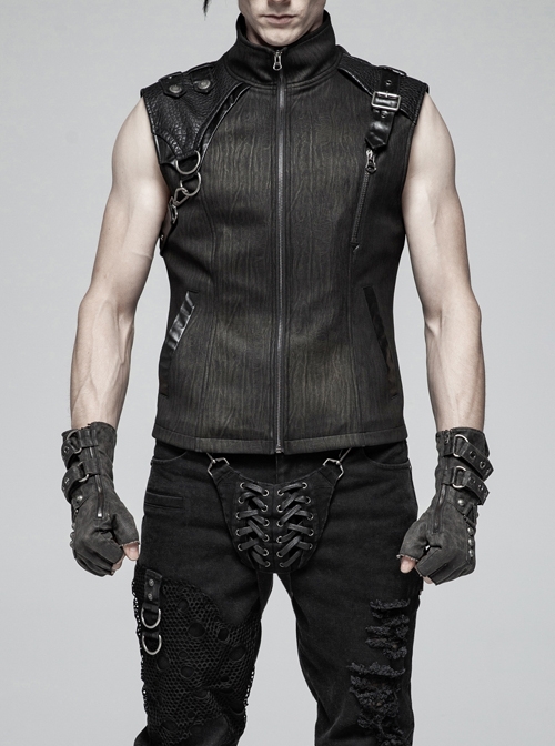 Stand-Up Collar Front Metal Zipper Shoulder Metal Buckle Leather Loop Black Punk Vest