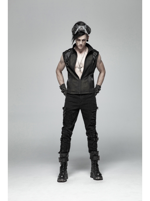 Stand-Up Collar Front Metal Zipper Shoulder Metal Buckle Leather Loop Black Punk Vest