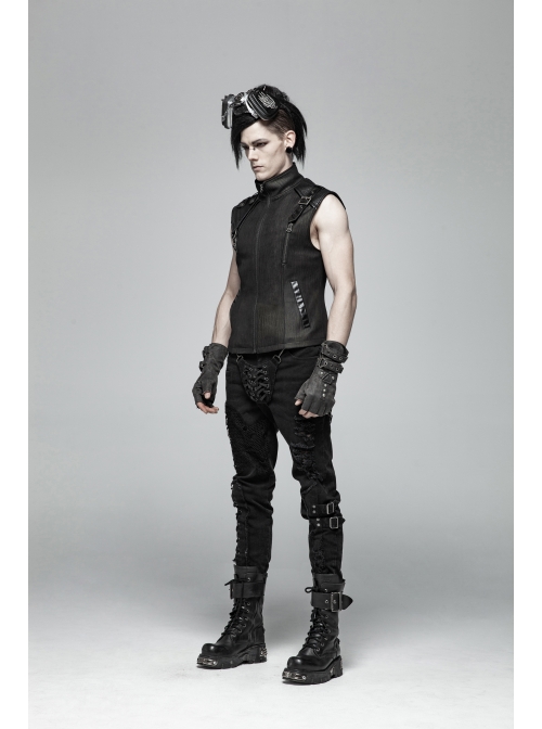 Stand-Up Collar Front Metal Zipper Shoulder Metal Buckle Leather Loop Black Punk Vest