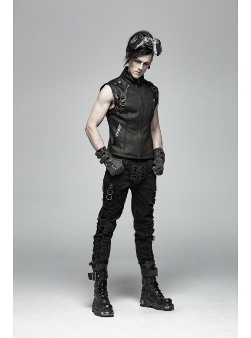 Stand-Up Collar Front Metal Zipper Shoulder Metal Buckle Leather Loop Black Punk Vest