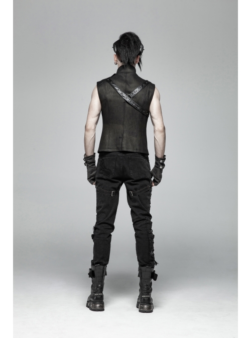 Stand-Up Collar Front Metal Zipper Shoulder Metal Buckle Leather Loop Black Punk Vest