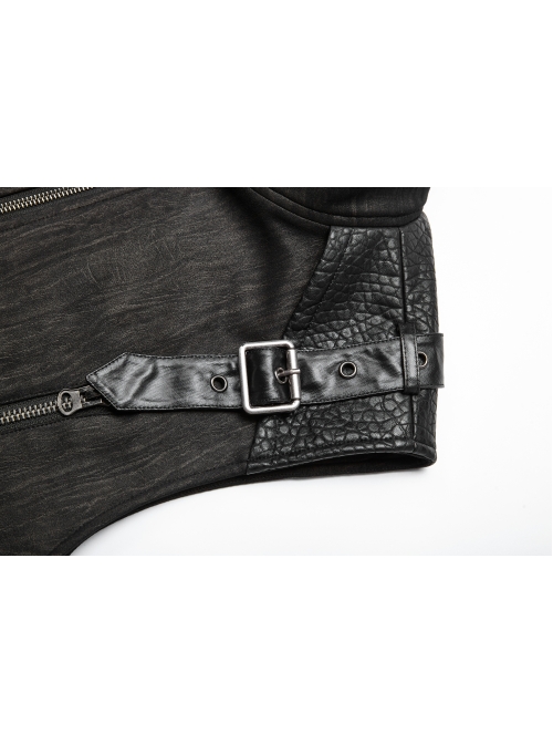 Stand-Up Collar Front Metal Zipper Shoulder Metal Buckle Leather Loop Black Punk Vest
