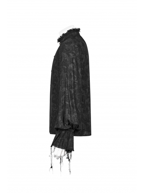High Collar Metal Retro Button Lantern Sleeve Burrs Cuff Black Gothic Printing Shirt