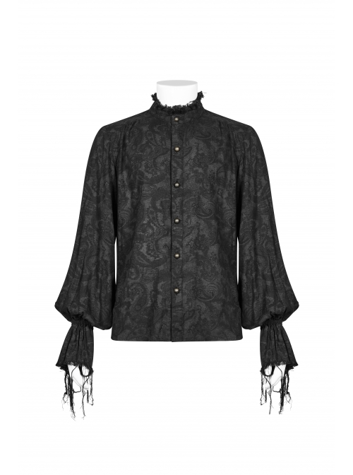 High Collar Metal Retro Button Lantern Sleeve Burrs Cuff Black Gothic Printing Shirt