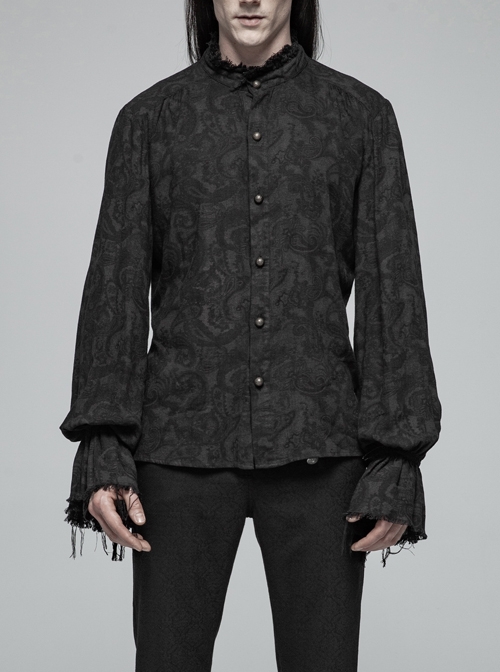 High Collar Metal Retro Button Lantern Sleeve Burrs Cuff Black Gothic Printing Shirt