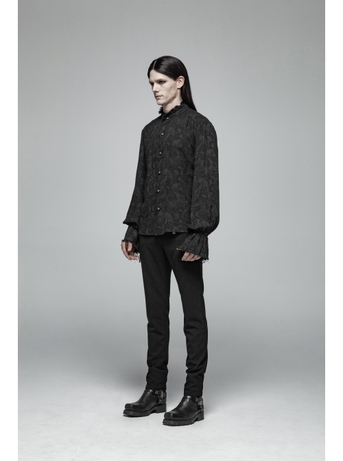High Collar Metal Retro Button Lantern Sleeve Burrs Cuff Black Gothic Printing Shirt