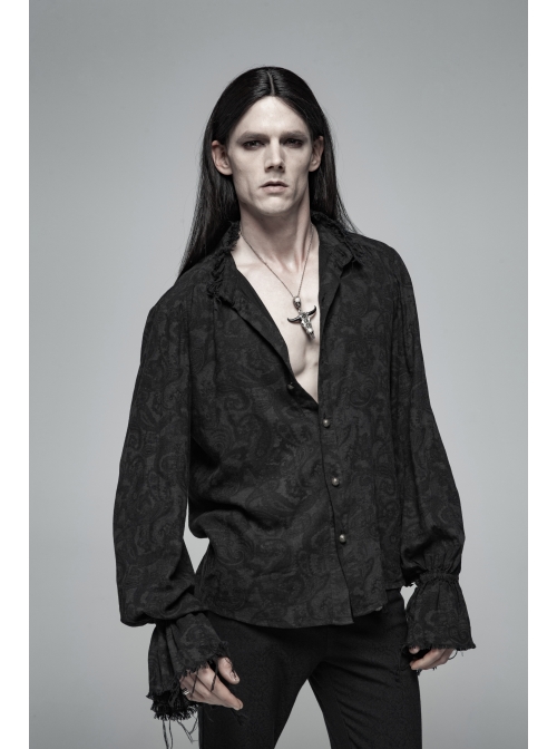High Collar Metal Retro Button Lantern Sleeve Burrs Cuff Black Gothic Printing Shirt