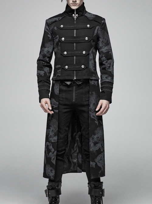 Stand-Up Collar Front Chest Weave Strap Metal Button Black Punk Twill Dragon Totem Print Coat