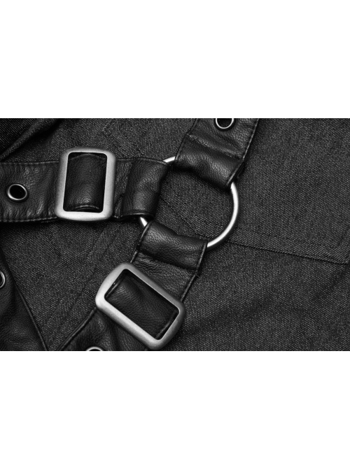 Metal Retro Button Splice Hand Rub Leather Shoulder Metal Ring Strap Black Punk Denim Short Sleeve Shirt