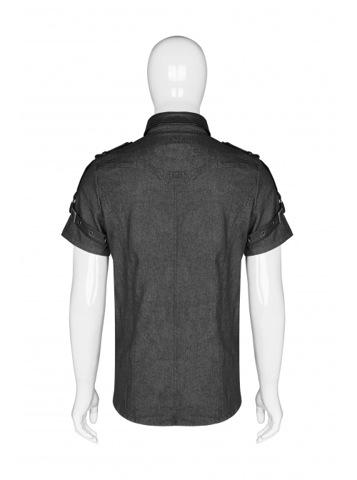 Metal Retro Button Splice Hand Rub Leather Shoulder Metal Ring Strap Black Punk Denim Short Sleeve Shirt