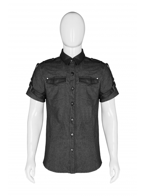Metal Retro Button Splice Hand Rub Leather Shoulder Metal Ring Strap Black Punk Denim Short Sleeve Shirt