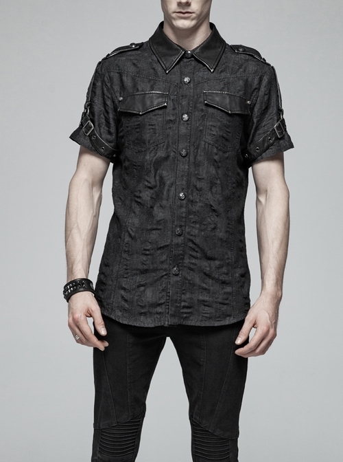 Metal Retro Button Splice Hand Rub Leather Shoulder Metal Ring Strap Black Punk Denim Short Sleeve Shirt