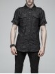 Metal Retro Button Splice Hand Rub Leather Shoulder Metal Ring Strap Black Punk Denim Short Sleeve Shirt