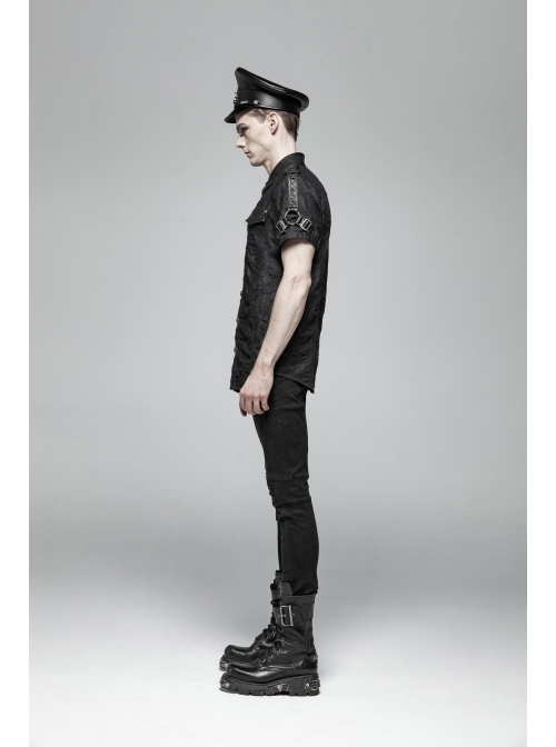 Metal Retro Button Splice Hand Rub Leather Shoulder Metal Ring Strap Black Punk Denim Short Sleeve Shirt