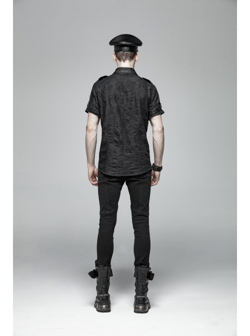 Metal Retro Button Splice Hand Rub Leather Shoulder Metal Ring Strap Black Punk Denim Short Sleeve Shirt
