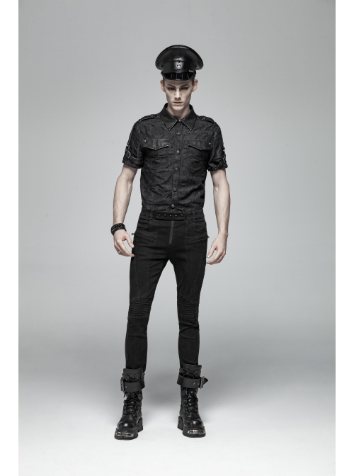 Metal Retro Button Splice Hand Rub Leather Shoulder Metal Ring Strap Black Punk Denim Short Sleeve Shirt