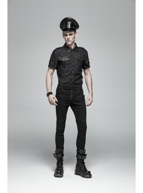 Metal Retro Button Splice Hand Rub Leather Shoulder Metal Ring Strap Black Punk Denim Short Sleeve Shirt