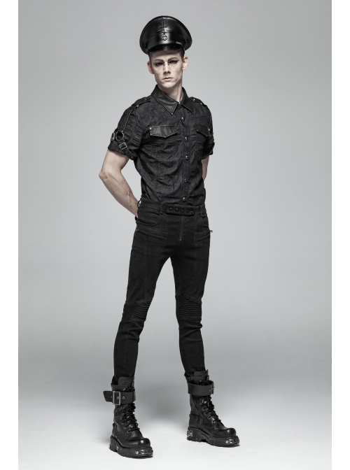 Metal Retro Button Splice Hand Rub Leather Shoulder Metal Ring Strap Black Punk Denim Short Sleeve Shirt