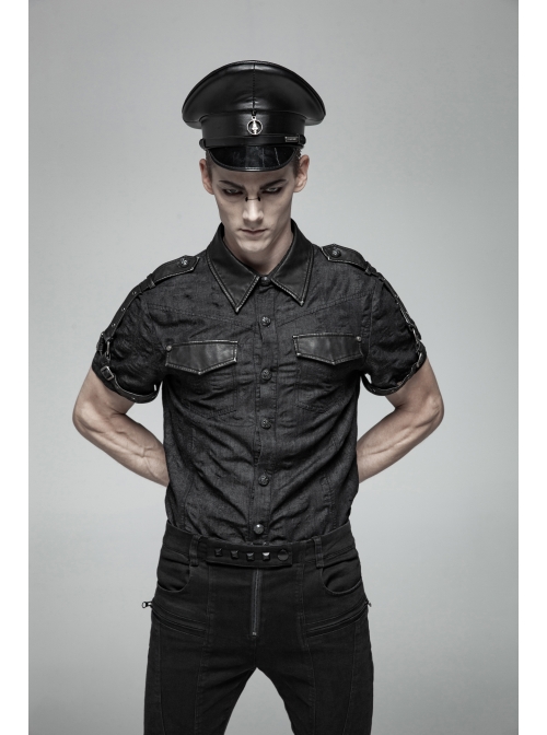 Metal Retro Button Splice Hand Rub Leather Shoulder Metal Ring Strap Black Punk Denim Short Sleeve Shirt
