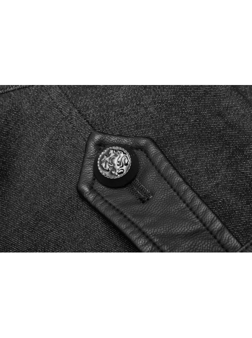 Metal Retro Button Splice Hand Rub Leather Shoulder Metal Ring Strap Black Punk Denim Short Sleeve Shirt