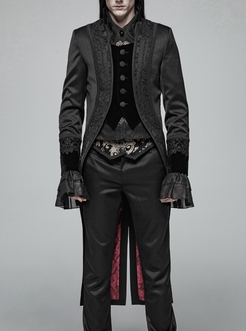 Fake Two-Piece Stand-Up Collar Front Chest Button Swallowtail Hem Black Gothic Pattern Jacquard Splice Weft Velveteen Coat