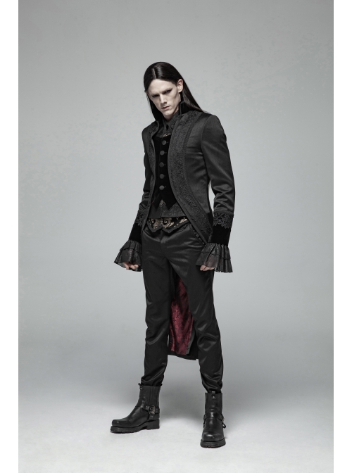 Fake Two-Piece Stand-Up Collar Front Chest Button Swallowtail Hem Black Gothic Pattern Jacquard Splice Weft Velveteen Coat