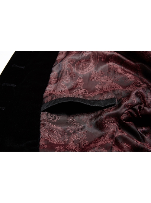 Fake Two-Piece Stand-Up Collar Front Chest Button Swallowtail Hem Black Gothic Pattern Jacquard Splice Weft Velveteen Coat