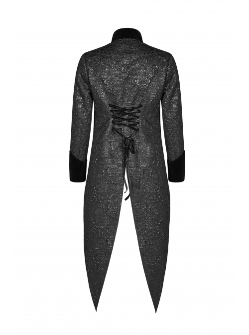 Black Jacquard Stand-Up Collar Front Button Back Waist Lace-Up Swallow Tail Hem Black Gothic Coat