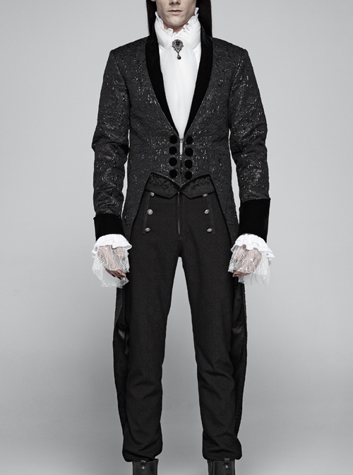 Black Jacquard Stand-Up Collar Front Button Back Waist Lace-Up Swallow Tail Hem Black Gothic Coat