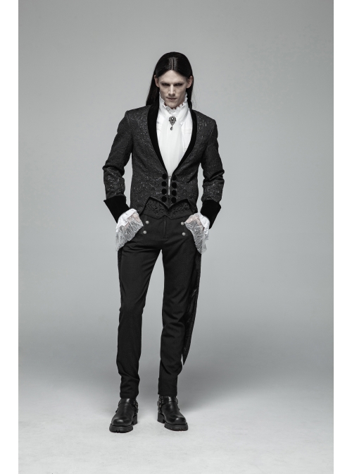Black Jacquard Stand-Up Collar Front Button Back Waist Lace-Up Swallow Tail Hem Black Gothic Coat