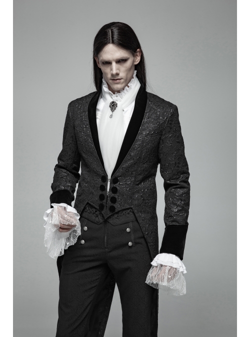 Black Jacquard Stand-Up Collar Front Button Back Waist Lace-Up Swallow Tail Hem Black Gothic Coat