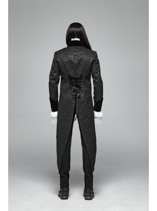 Black Jacquard Stand-Up Collar Front Button Back Waist Lace-Up Swallow Tail Hem Black Gothic Coat